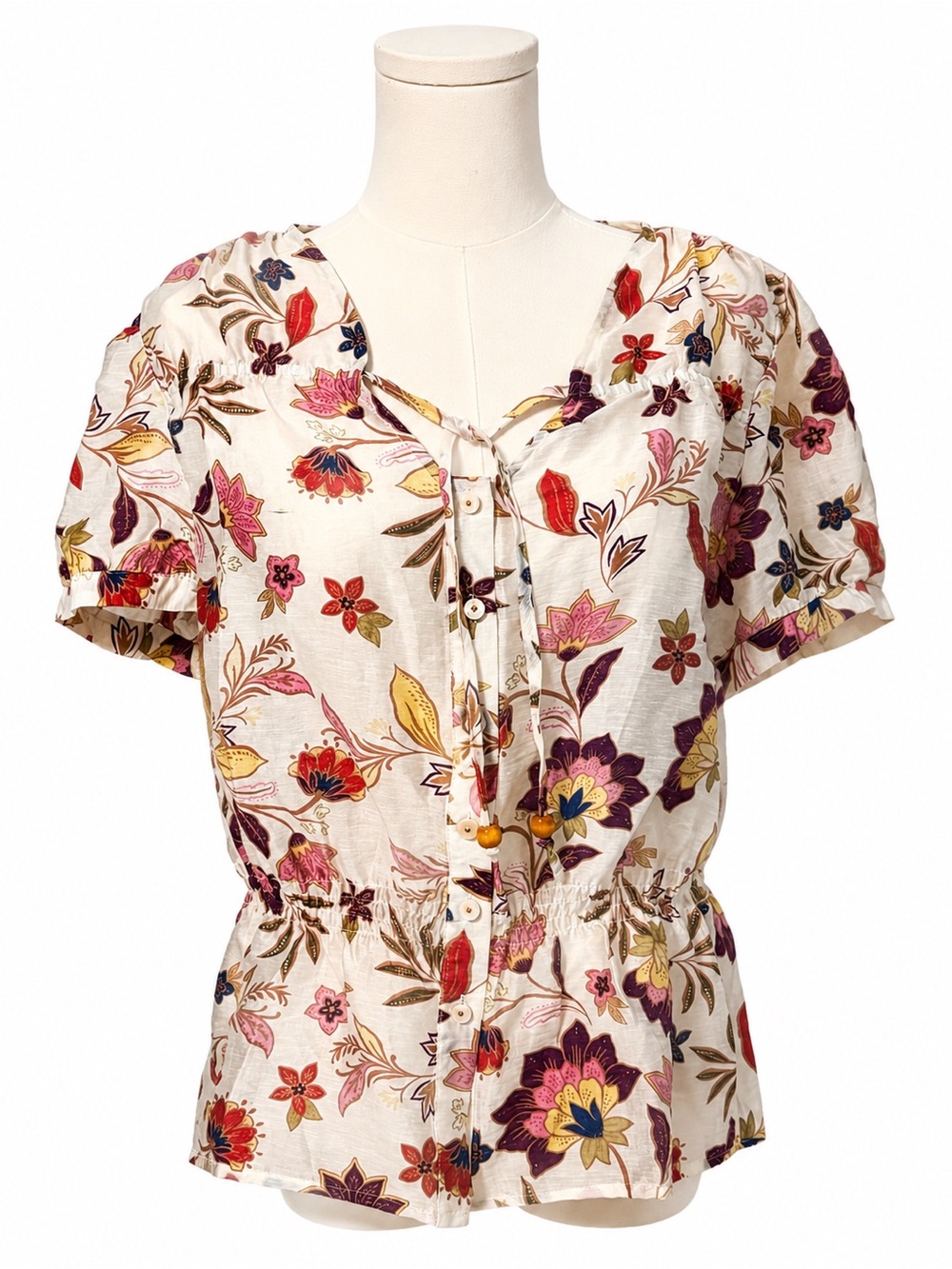 Vince Camuto Floral Tie-Front Short Sleeve Blouse - Cream Multi